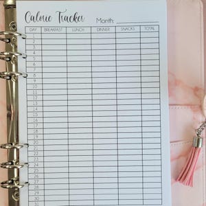Calorietrackerplanner-inzetstukken A5, maandelijkse calorieënteller A5 Filofax-insteekkaartpagina bijvullen, calorieën tellen, calorieëntabel, calorietekort