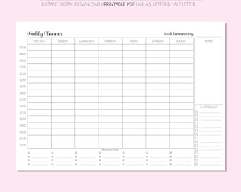 Weekly Hourly Schedule Printable Planner, Weekly Planner, Weekly To Do List, Productivity Planner, Weekly Agenda, Instant Download