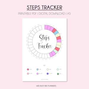 May include: Printable steps tracker with a circular chart divided into sections with different colours. The chart is labelled with numbers from 1 to 31 and has a key with step ranges: 0-2K, 2-4K, 4-6K, 6-8K, 8-10K, 10-12K, 12-14K, and 14K+. The text "Steps Tracker" is written in the centre of the chart.