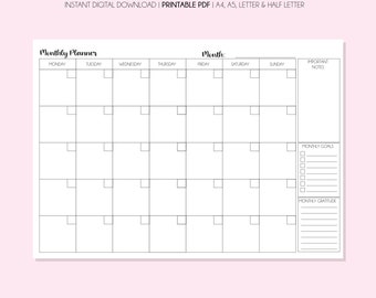 Planificador mensual imprimible sin fecha, encartes imprimibles, horario mensual, calendario mensual, agenda mensual, descarga instantánea