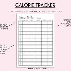 Calorie Tracker, Printable Planner, Monthly Calorie Counting, Digital ...