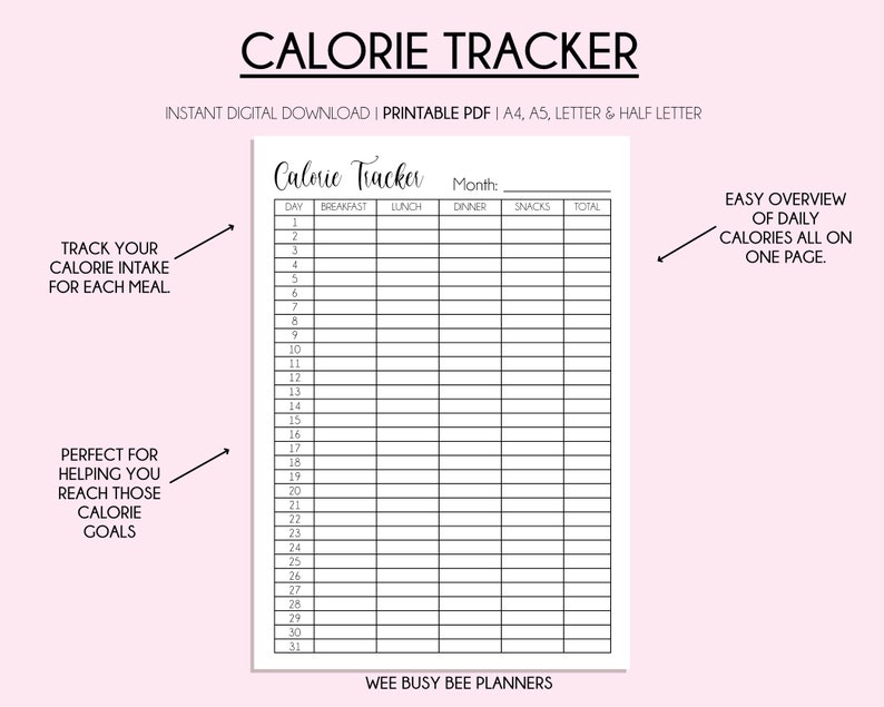 Calorie Tracker, Printable Planner, Monthly Calorie Counting, Digital Calorie Tracker, Calorie Deficit, Health Tracker, Instant Download