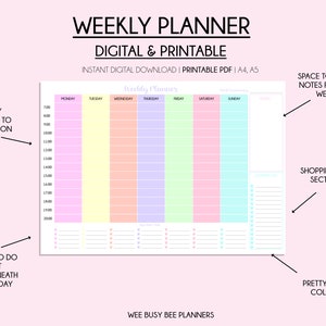 Op de afbeelding: Een printbare weekplanner in pastelkleuren. De planner heeft een dagelijks schema, een to-dolijst en een sectie voor boodschappenlijstjes. De planner is verkrijgbaar in A4 en A5 formaat.