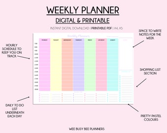 Plantilla de planificador semanal imprimible, organizador de horarios semanales, lista de tareas pendientes, notas, lista de compras, horario semanal, descarga instantánea en PDF