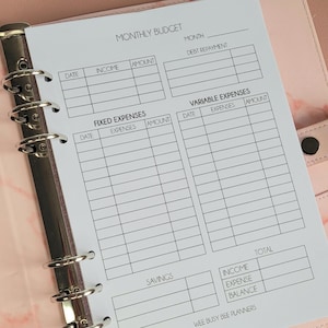 Monthly Budget Inserts, Planner Inserts A5, Budget Tracker PRINTED, Finance Binder, A5 Filofax Refill Pages, Budget Income and Expense