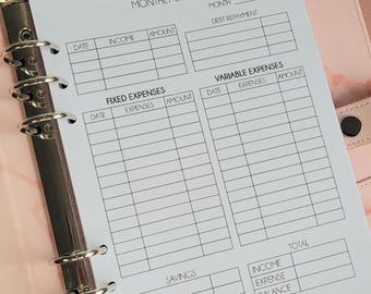 Monthly Budget Inserts, Planner Inserts A5, Budget Tracker PRINTED, Finance Binder, A5 Filofax Refill Pages, Budget Income and Expense