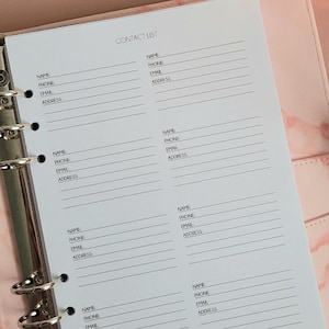 Insteekkaarten voor contactpersonen A5, Filofax insteekkaarten A5, vulling voor bedrukte pagina's, lijst met contactpersonen, adresboek, contactgegevens, organizer