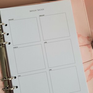 May include: A white page with a black grid and the text "BIRTHDAY TRACKER" at the top. The grid is divided into six sections, each labelled with a month of the year: January, February, March, April, May, and June.