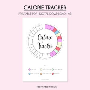Könnte beinhalten: Ein druckbarer Kalorien-Tracker mit einem Kreisdiagramm, das in Abschnitte unterteilt ist, die verschiedene Kalorienbereiche darstellen. Das Diagramm ist mit den Zahlen 1 bis 31 beschriftet, die die Tage des Monats darstellen. Die Abschnitte sind farbcodiert: rosa für 1200 Kalorien, hellblau für 1800-2100 Kalorien, hellgelb für 1200-1500 Kalorien, hellgrün für 1500-1800 Kalorien, hellorange für 2100-2500 Kalorien und rot für 2500+ Kalorien. Der Text "Calorie Tracker" steht in der Mitte des Diagramms.