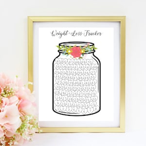May include: A printable weight loss tracker with a mason jar design. The jar is filled with hearts, each numbered from 1 to 70. The jar is decorated with flowers and the text "Weight Loss Tracker" is at the top.