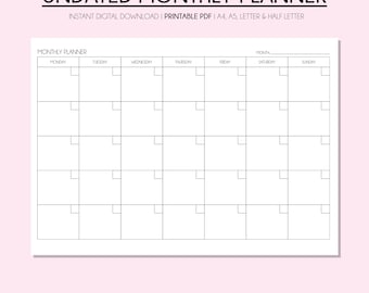 Planificador mensual sin fecha imprimible, calendario mensual sin fecha, cronograma mensual, horario mensual, agenda mensual, descarga instantánea