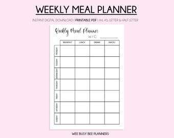 Weekly Meal Planner Printable, Meal Prep Template, Food Planner, Weekly Food Journal, Meal Tracker, Health & Fitness, 7 Day Menu Plan