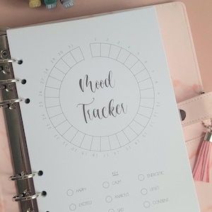 Può includere: Un tracker dell'umore bianco con un cerchio diviso in 31 sezioni. Il testo "Mood Tracker" è scritto al centro del cerchio. I numeri da 1 a 31 sono scritti attorno al cerchio. Sotto il cerchio, c'è una chiave con diverse opzioni di umore: Felice, Eccitato, Calmo, Ansioso, Triste, Energico, Arrabbiato e Soddisfatto.