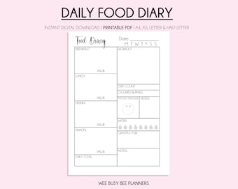 Food Diary, Weight Loss Journal Printable, Food Journal, Filofax Page Inserts, Calorie Tracker, Meal Tracker, Health Tracker, Weight Tracker