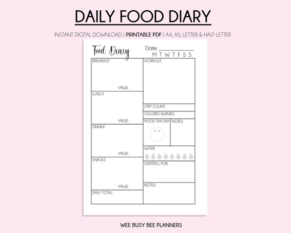 Printable Food Journal Weight Loss Food Diary Template | Free