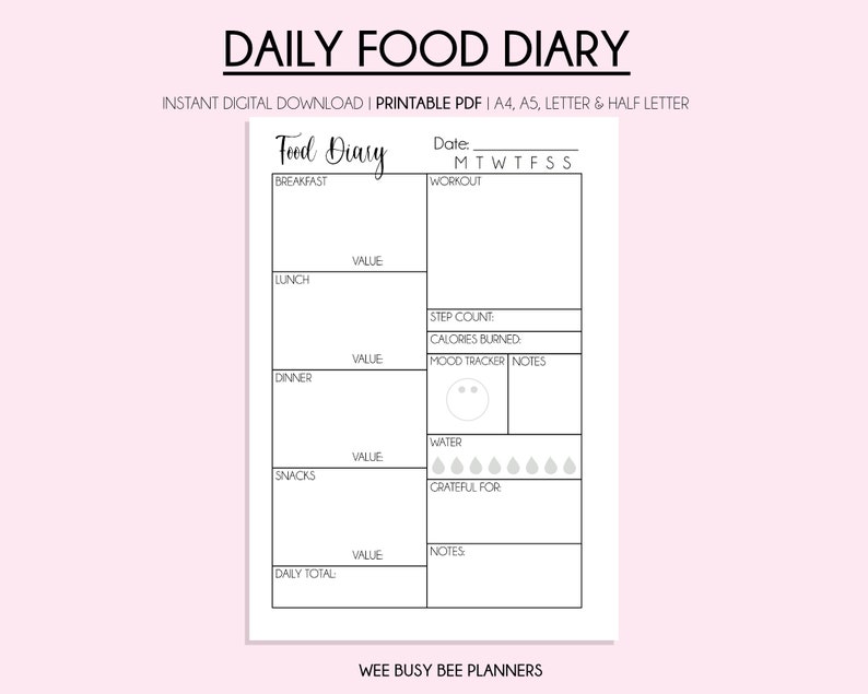 Calorie Counting Food Diary Printable Daily Food Journal - Etsy