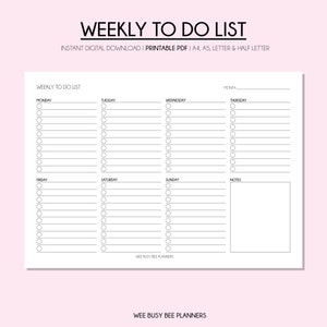 PRINTABLE Weekly To Do List, Landscape Weekly To Do List, Printable Insert Template, Weekly Task List, Weekly Planner, Instant Download