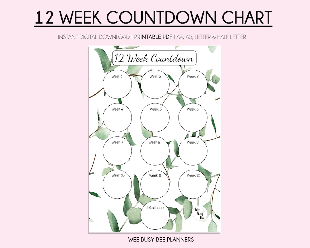 Printable Weight Loss Chart, 12 Week Countdown Tracker, Digital Instant ...