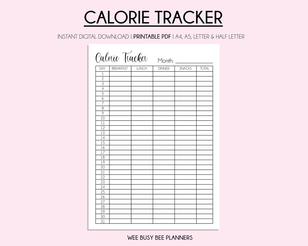 Calorie Tracker Printable Monthly Calorie Counter Digital Calorie Tracker Calorie Counting Calorie Chart Calorie Deficit Fitness Tracker Etsy