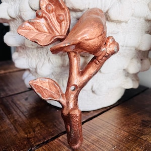 May include: A copper-colored metal bird and leaf wall hook. The bird is perched on a branch with a leaf on either side. The hook is designed to hang items on the wall.