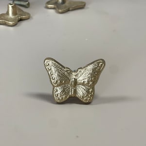 May include: Gold butterfly-shaped cabinet knob with a detailed design.
