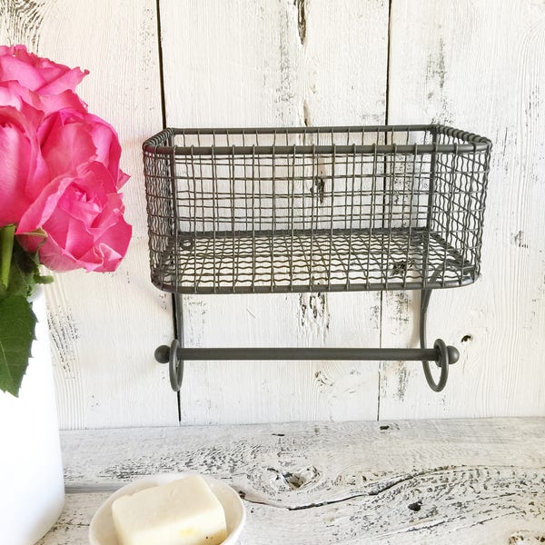 Wire Basket  Toilet Paper Holder, Basket Towel Holder, Bathroom Decor, Remodel, Farm