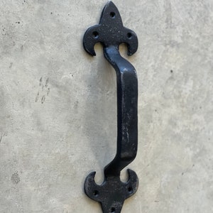 May include: Black metal door handle with a fleur-de-lis design on both ends.