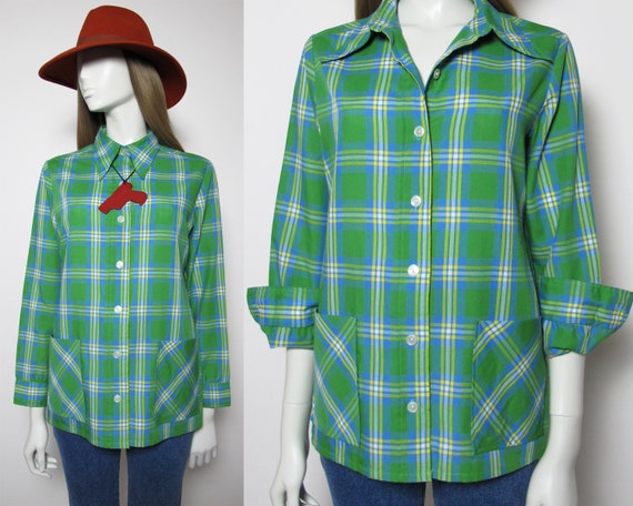 70s check shirt / 70s green blouse / 70s butterfly
