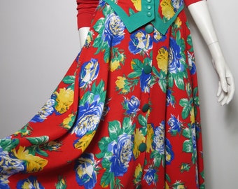 Falda de flores con botones de círculo completo de los años 80