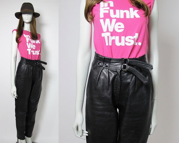 80s leather pants / high waisted pants / black lea