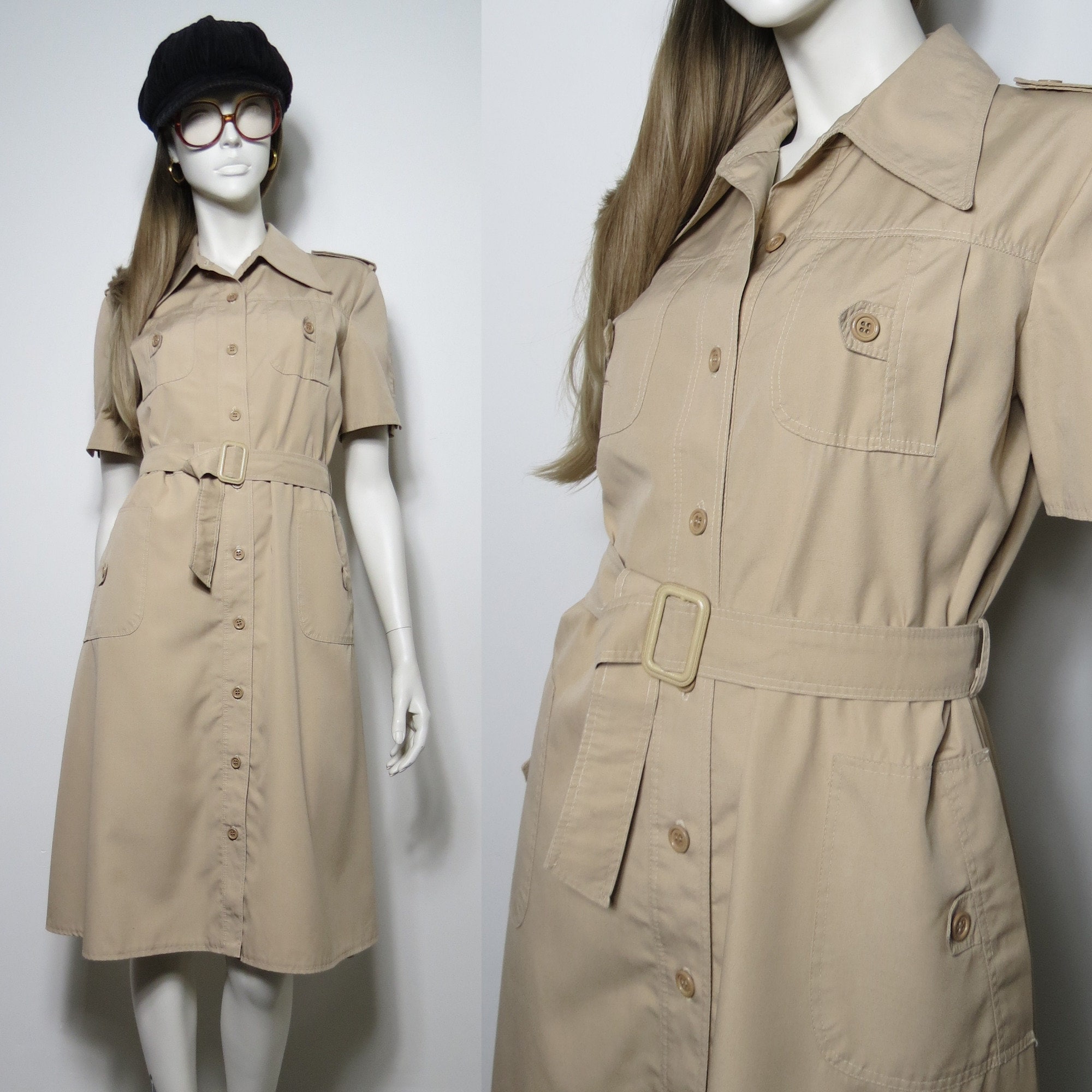 70s Beige Safari Dress With Butterfly Collar - Etsy 70s Beige Safari Dress With Butterfly Collar - Etsy
