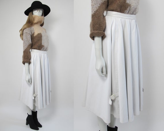 80s white leather skirt / 80s boho leather skirt /