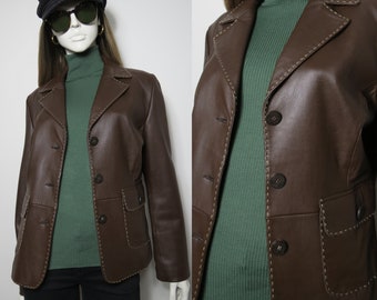 Y2K single breasted brown leather jacket