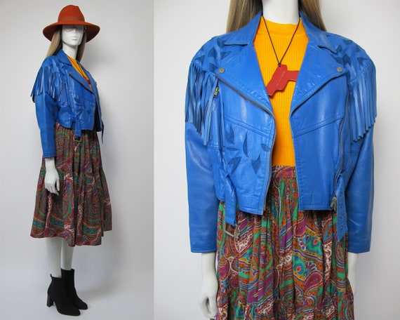 80s Blue leather fringed jacket