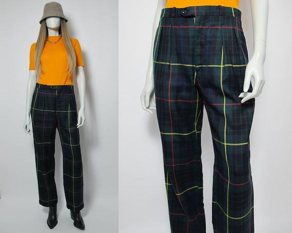 90s checkered pants / green tartan pants / wool pl