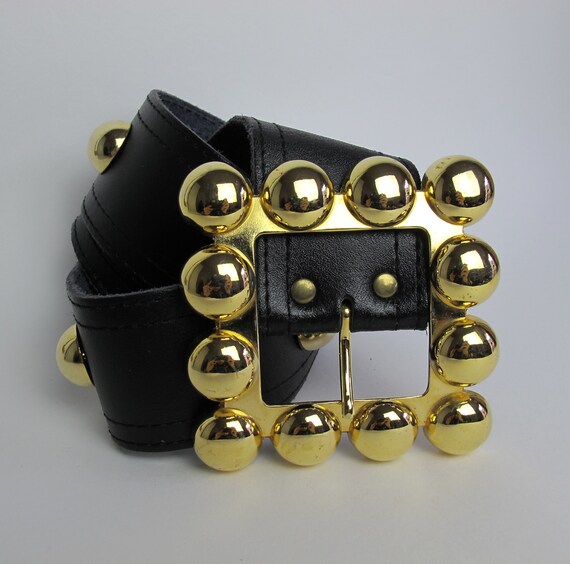 80s large leather belt / boho black leather belt
