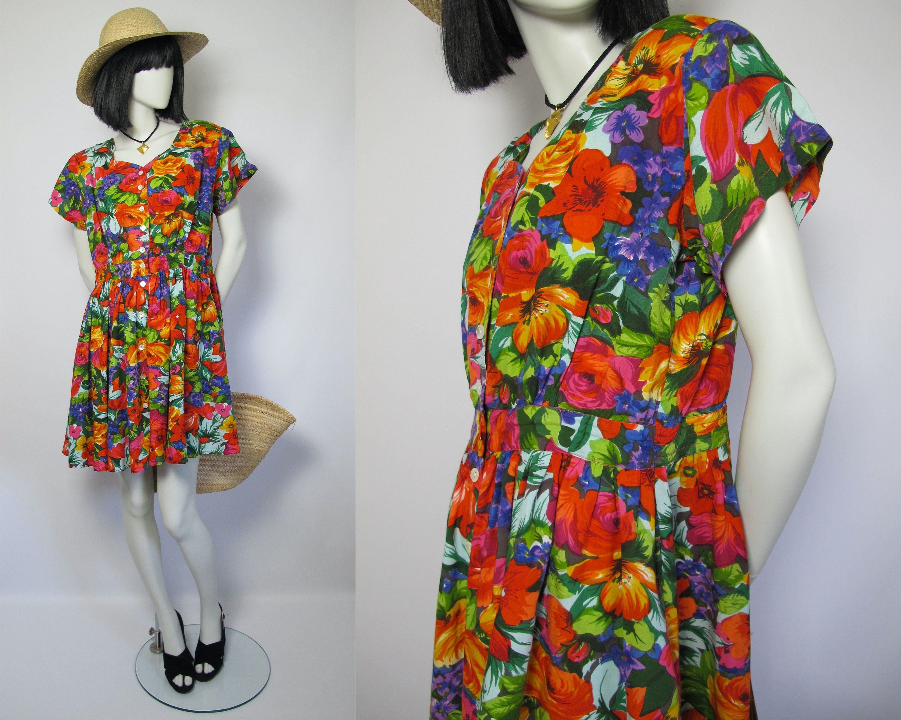 90s flower dress / 90s midi dress / 90 button up dress | Etsy