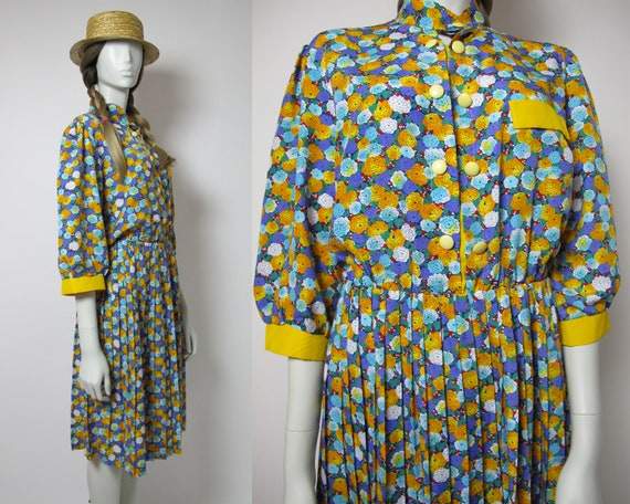 80s mockneck dress / 80s yellow pleated dress / 80