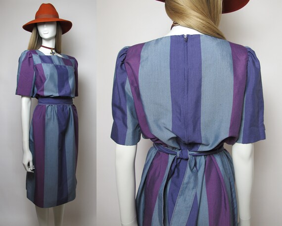 80s striped summer dress / 80s balloon sleeve dres