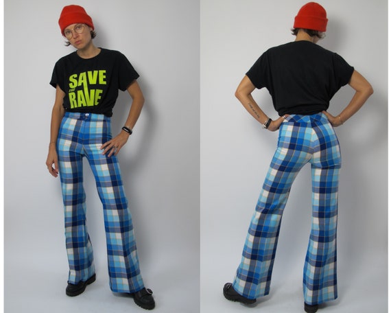Rave check pants / 70s bell bottom pants / 70s che
