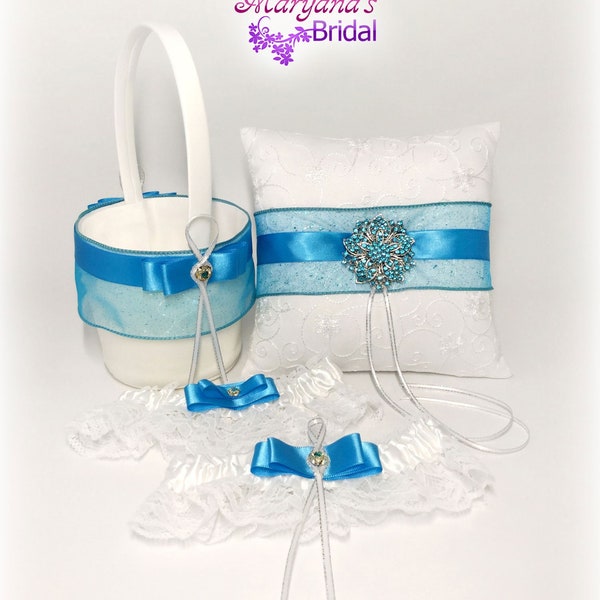 Frozen Turquoise Ring Pillow*Light Blue OrganzaFlower Girl Basket*Flower Girl Accessories*Garters*Disney Inspired Winter Wonderland Wedding