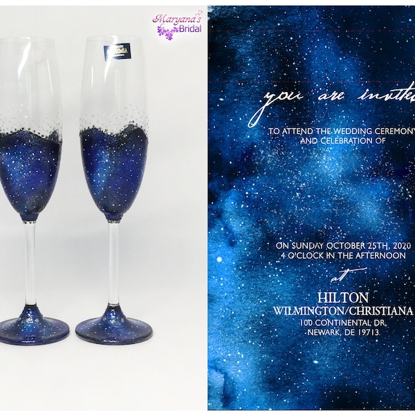 Galaxy Black Blue White Turquoise Night Sky Constellation Etched Wedding Glasses Cake Set Cake Plate Garters Pillow Basket Set+FREE Garter#1