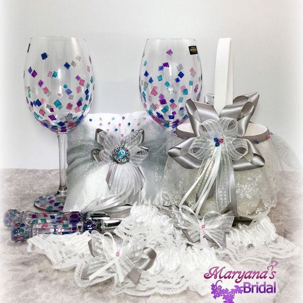 Silver Purple Blue Toasting Glasses Cake Server Knife*Green Coral Pink Vitreo Set*Charms*Confetti Pixels Glasses*Disney Inspired Wedding Set
