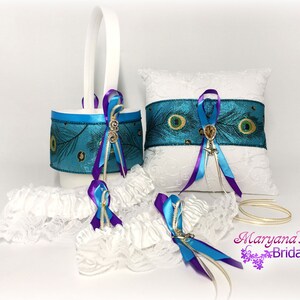 Princess Jasmine Turquoise Purple Green Peacock Ring Bearer Pillow Flower Girl Basket Set*Disney Inspired Aladdin Turquoise Green Wedding*