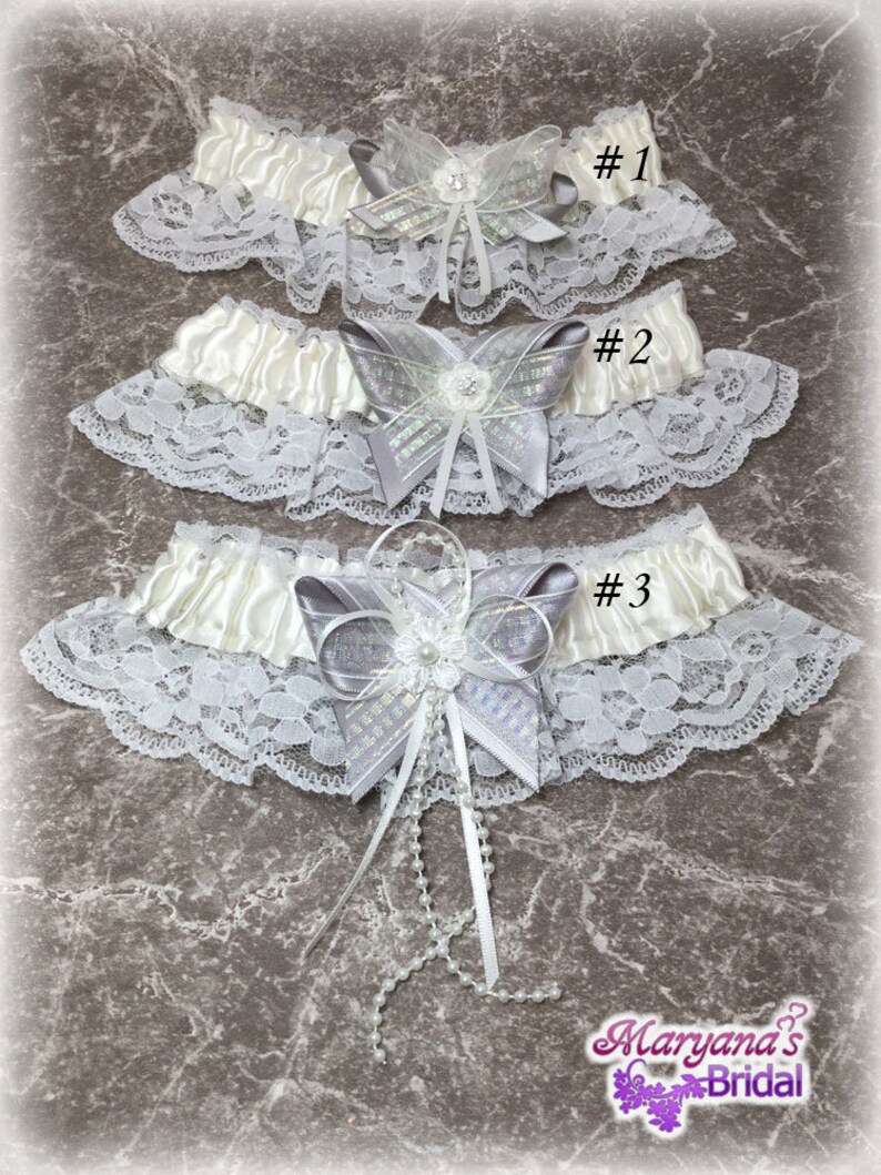 Silver White Bridal Garters Set wCharms Ivory Silver Garters Set Gatsby Wedding Silver Garters Disney Wedding Silver Garters Accessories