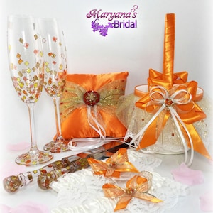 Burnt Orange Wedding Glasses Cake Set*Charms*Pumpkin Tangerine Gold Wedding Flutes Cake Set*Tetris Blocks Disney Inspired Set*Pillow Basket*