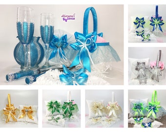 Ring Pillow Flower Girl Basket Set*Charms*Emerald Royal Blue Lime Turquoise Silver Gold Ivory Skirt Wedding Pillow Basket*Your Ribbons Color