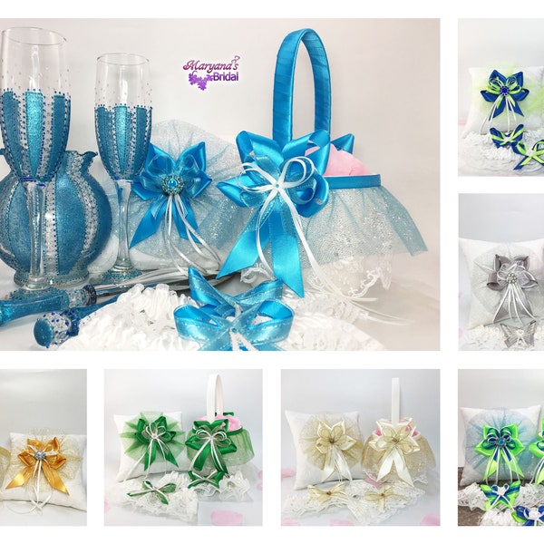 Ring Pillow Flower Girl Basket Set*Charms*Emerald Royal Blue Lime Turquoise Silver Gold Ivory Skirt Wedding Pillow Basket*Your Ribbons Color