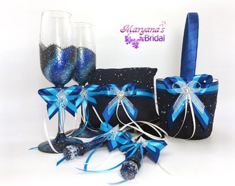 Galaxy Black White Blue/Turquoise Ring Pillow Flower Girl Basket Set*Wedding Galaxy Stars Etched Glasses Cake Set*Charms*Cake Plate 2 Forks