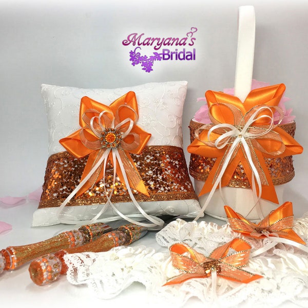 Orange Pumpkin Sequin Ring Pillow Flower Girl Basket Set*Tangerine Gold Gatsby Cake Set*Halloween Pillow Basket Set*Disney Inspired Wedding*